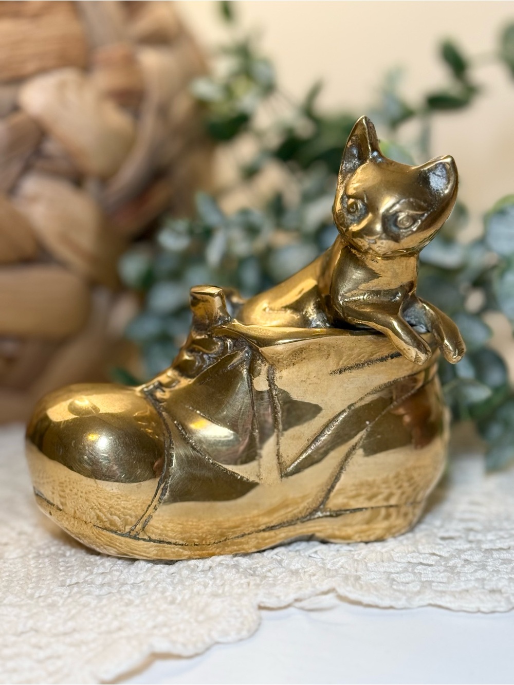 Brass Cat in Shoe Figurine